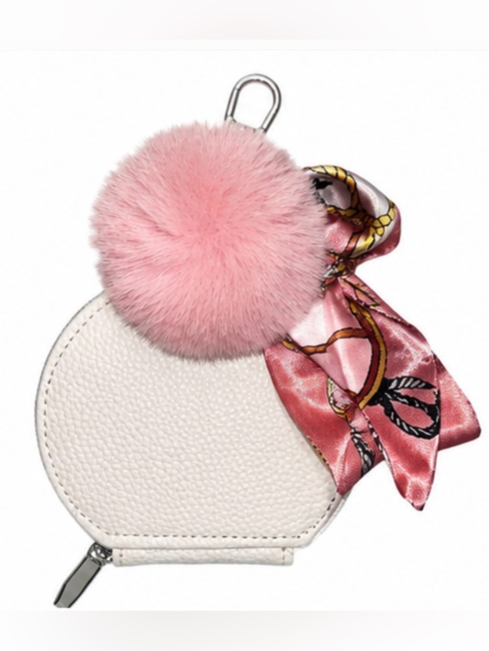 Hand Crafted Bag Charm White Leather Coin Pouch with Pink Pom Pom and Scarf